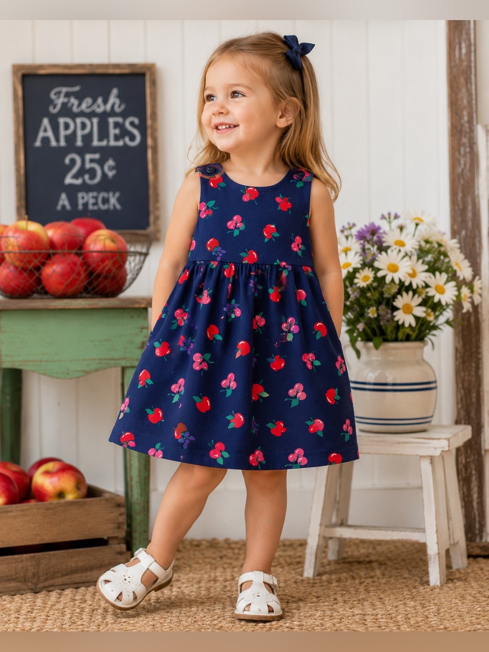 Vintage Hartstrings Apple Cherry Fruit Print Dress Made USA 100% Cotton—3T